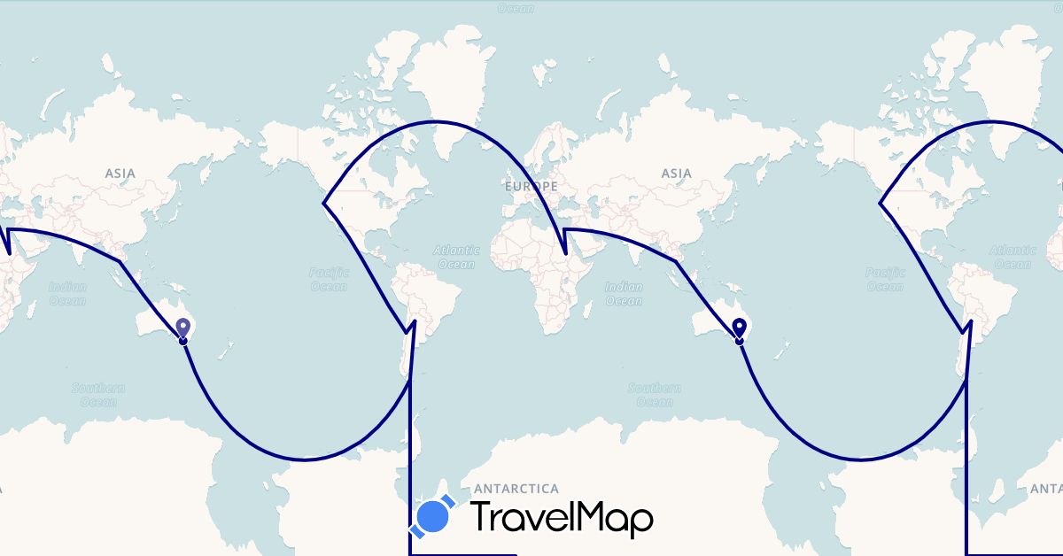 TravelMap itinerary: driving in Argentina, Australia, Canada, Chile, Egypt, Cambodia, Sudan, United States (Africa, Asia, North America, Oceania, South America)