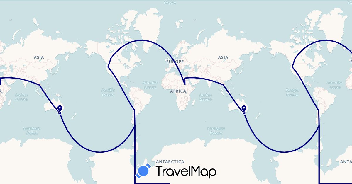 TravelMap itinerary: driving in Argentina, Australia, Canada, Egypt, Cambodia, Sudan, United States (Africa, Asia, North America, Oceania, South America)